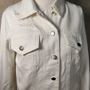 White Destressed Destroyed Classic Jean Jacket 100% Cotton Twill Honey Punch NWT